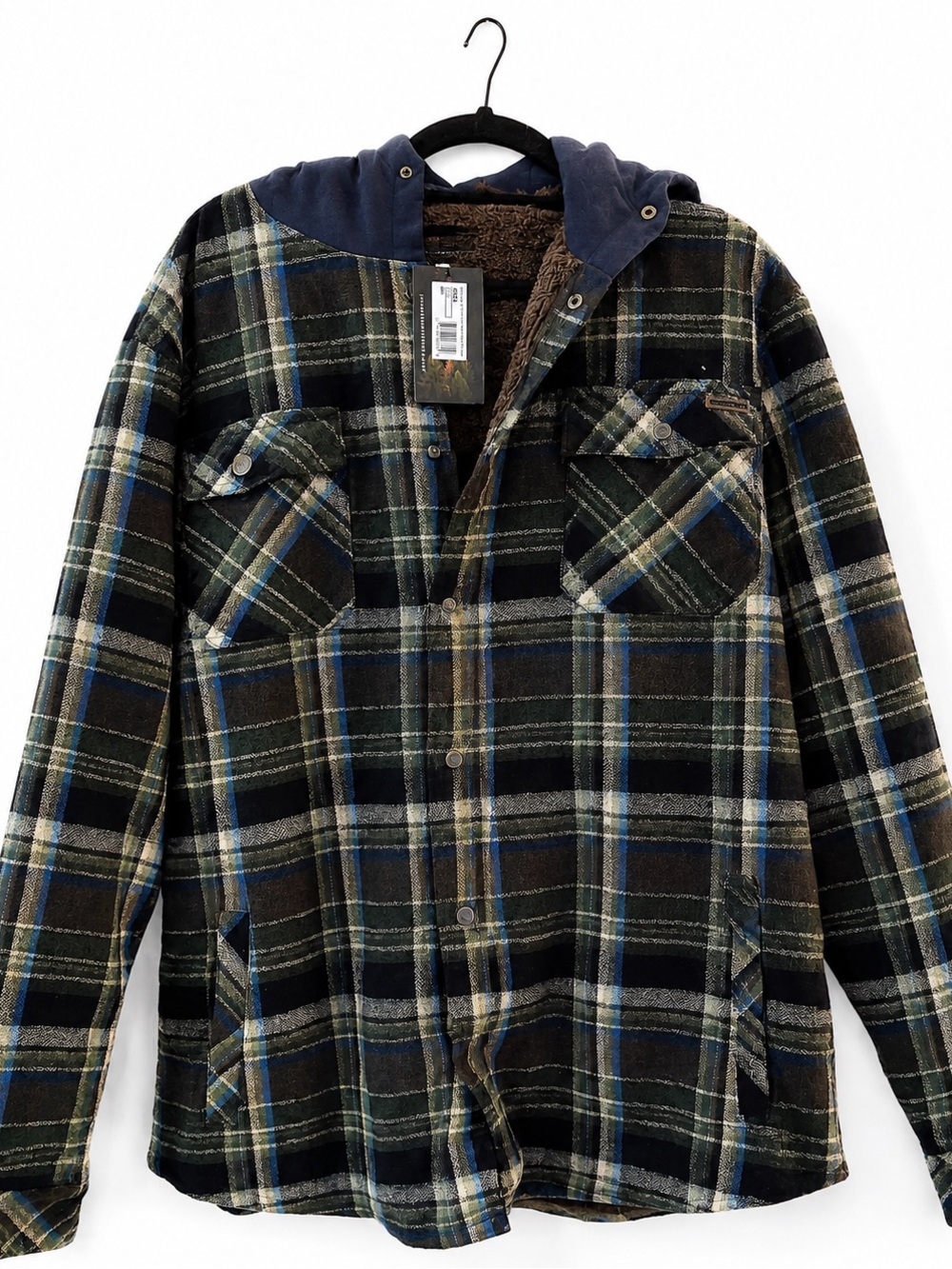 NWT Men's Hooded Plaid Sherpa-Lined Jacket - Black/Green/Blue